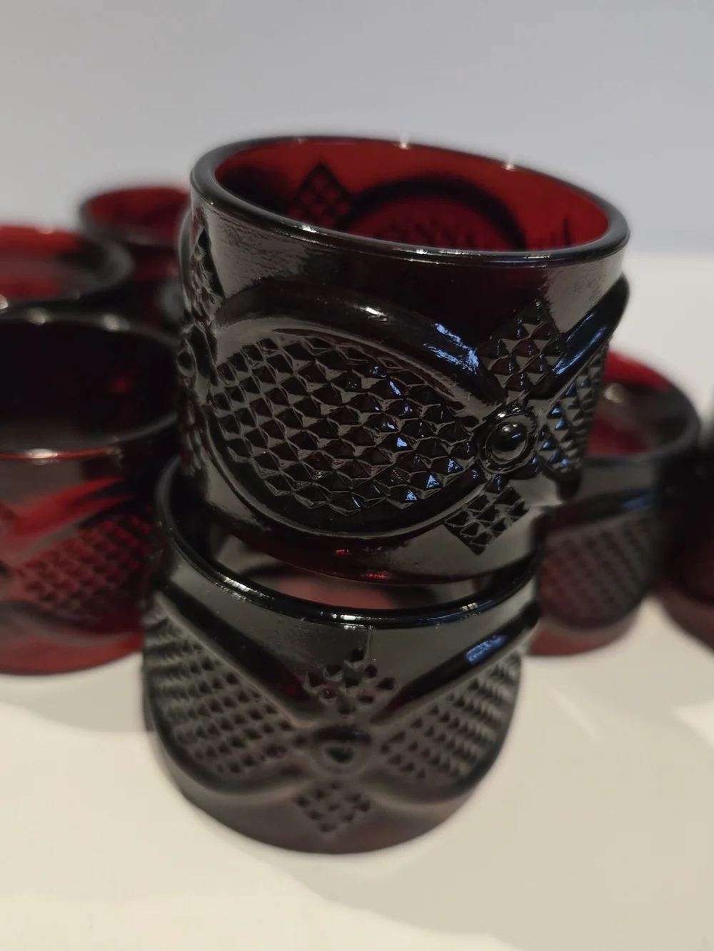 Avon 1876 Cape Cod Ruby Red Napkin Rings, Vintage, Set of 9 Glass Holders